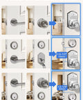 Heavy Build Satin Nickel Keypad Door Knob Lock Keyless Entry Handle displaying various installation methods for secure access.