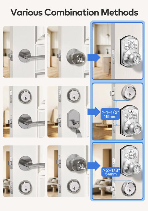 Heavy Build Satin Nickel Keypad Door Knob Lock Keyless Entry Handle displaying various installation methods for secure access.