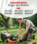 Man repairing a lawn mower engine in the park, showcasing the Full Throttle Fuel Pump Kit With Filter And Hose For Kohler Briggs Stratton Kawasaki Yamaha Lawn Mower Tractor Heavy Duty Small Engine Replacement.