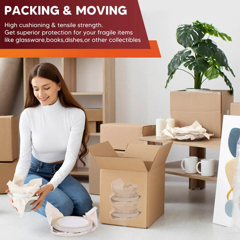 Woman packing dishes with 15 By 12 Inch Packing Paper Sheets For Moving 80 Sheets Newsprint Paper For Moving Boxes