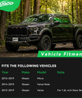 Nissan truck parked in a forest with vehicle fitment chart for 2012-2019 Versa, Versa Note, Micra displayed.