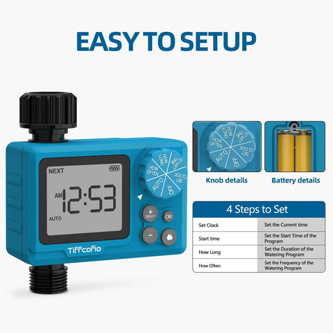 Outdoor Sprinkler Timer With Digital Programmable Settings For Garden Hose, Rain Delay And Manual Mode, display and dial