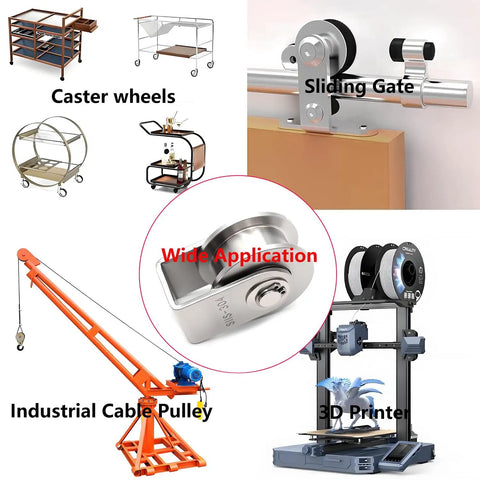 Illustration of wide applications for heavy duty pulley block with bracket, showcased in sliding gate and 3D printer setups
