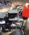 12V Mini Rocker Switch Handlebar Control For ATV And UTV Winches waterproof switch mounted on handlebar with wiring visible.