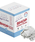 Box of Premium Cotton Shop Towels 250 Count 14x14 with cotton rag, lint-free cleaning rags for auto shop use.