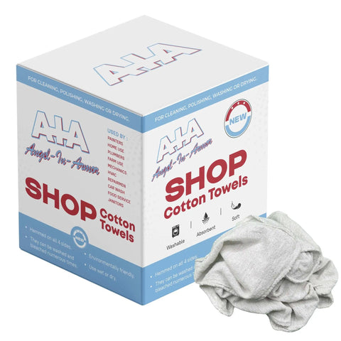 Box of Premium Cotton Shop Towels 250 Count 14x14 with cotton rag, lint-free cleaning rags for auto shop use.