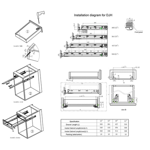 Installation diagram for Six Pairs Of Fifteen Inch Soft Close Undermount Drawer Slides Full Extension Concealed Rails