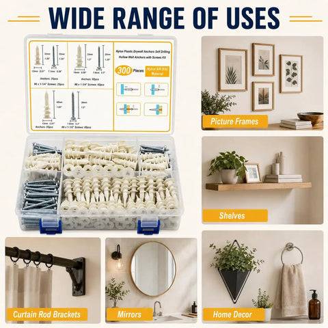 All In One Drywall Anchor Kit With Self Drilling Nylon Anchors And Screws, 300 Piece Set In Durable Organizer Case, Three Sizes For Quick No Sweat Mounting In Wood, Metal, And Drywall. Organizer case with 300 nylon anchors and screws for picture frames, shelves, mirrors, and curtain rods