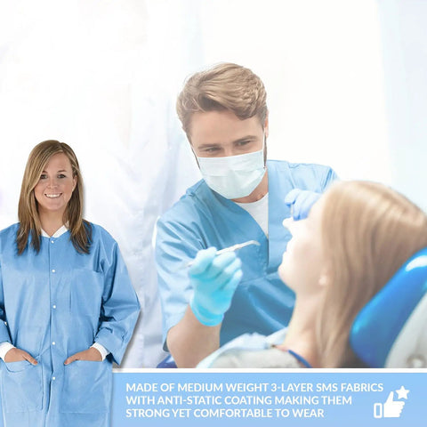 Extra Safe Disposable Lab Coat Knee Length In Ceil Blue 3XL With 3 Layer SMS Fabric Anti Static Coating Wrinkle Free Unisex Medical Coat Pack Of 10 For Daily Lab Work, shown on a female model next to a dentist in Ceil Blue attire.
