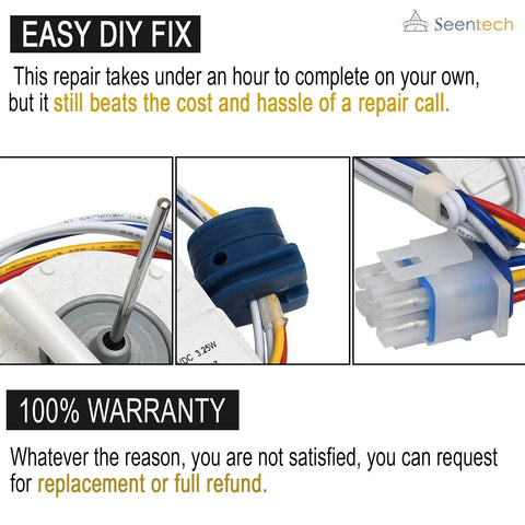 Evaporator Fan Motor Replacement For GE Hotpoint Refrigerators WR60X10307 DIY fix diagram with warranty details and wiring connection.