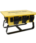 Heavy Duty Portable Temporary Power Box With Six 5-20R Receptacles And Reliable GFCI Protection Built Like A Tank With 14 Gauge Steel For Demanding Jobsite Projects, yellow steel construction with outlets visible.