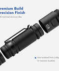 Close-up view of C3 Flashlight Beefy Ultra Bright 1200 Lumen Beam components showing CNC-machined aluminum body and clip.
