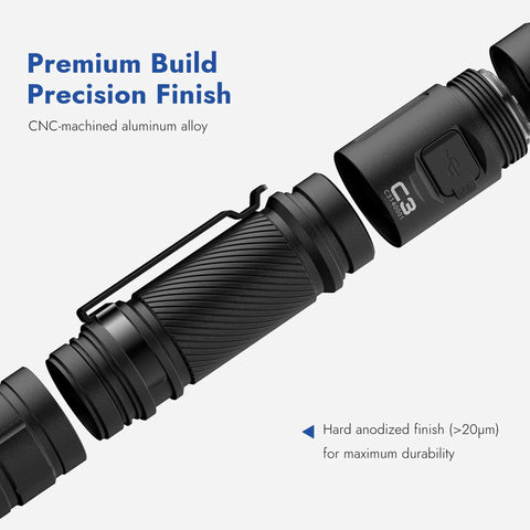 Close-up view of C3 Flashlight Beefy Ultra Bright 1200 Lumen Beam components showing CNC-machined aluminum body and clip.