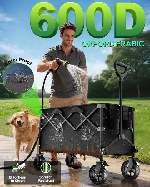 Man washing 40 Inch Extra Large Collapsible Wagon Cart With 550 Lb Capacity And Big Wheels For Camping, made of waterproof fabric.
