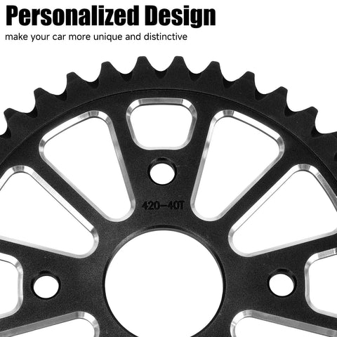 Beefy 40 Tooth Sprocket For 420 Chain With 40mm Bore showing personalized design details for mini bikes