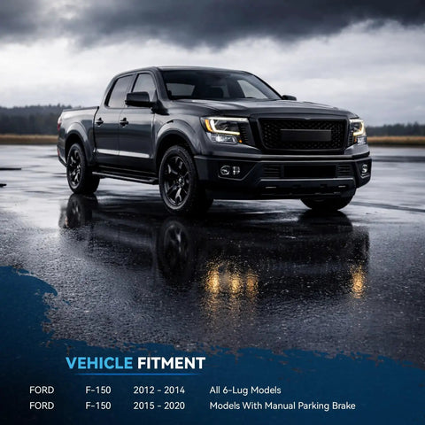 Ford F-150 on wet road, suitable for Ford F-150 Beefed Up Brake Kit With Drilled And Slotted Rotors And Ceramic Pads Front And Rear 6-Lug