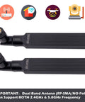 Dual Band 9 dBi WiFi Antenna 2.4GHz 5.8GHz RP-SMA 2 Pack, two screw-on swivel antennas for routers and USB adapters.