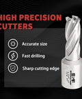 Close-up front view of a silver annular cutter bit with S&F branding for magnetic drill press.