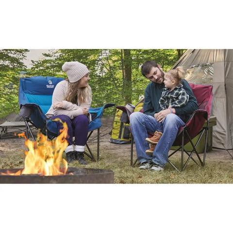 Oversized Extra Large Padded Camping Chair Portable Folding Lounge With Cup Holder Green near campfire with family seated