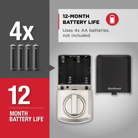 Keyless Entry Smart Lock With Electronic Keypad Deadbolt Auto Lock And Custom User Codes in Satin Nickel Finish, showing battery compartment for 4 AA batteries with 12-month battery life noted.