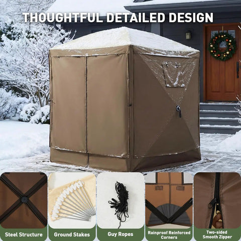 12x12 Foot Pop Up Canopy Tent With Mesh Panels, Bug Free Outdoor Gazebo Shade shown in snowy backyard setup