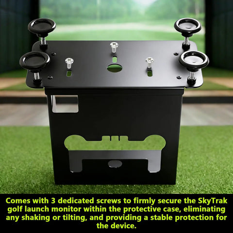 Sturdy Metal Protective Case For Skytrak Golf Launch Monitor With Four Adjustable Feet, rugged metal enclosure visible