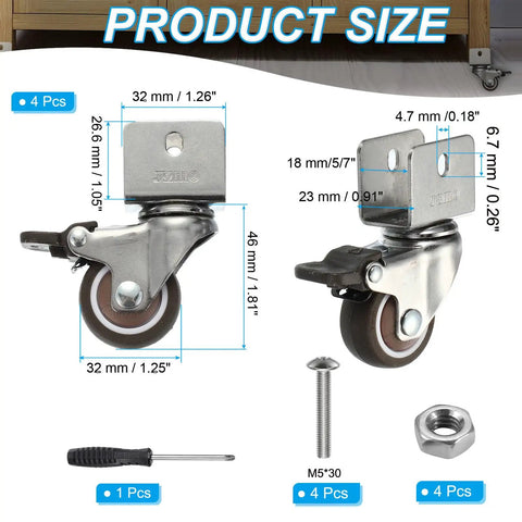 Product size image of No Fuss Heavy Duty Swivel Caster Wheels With 5 7 Inch U Brackets And Solid Locking Brake showing dimensions and components.