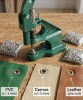 Heavy Duty Hand Press Eyelet Grommet Kit with three die sizes and 1500 grommets for banner, canvas, and leather use, shown on table.