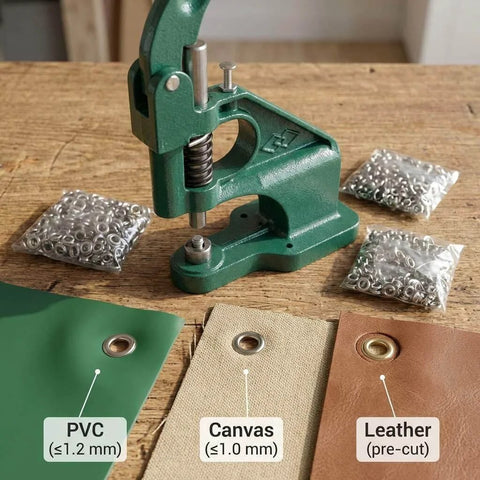 Heavy Duty Hand Press Eyelet Grommet Kit with three die sizes and 1500 grommets for banner, canvas, and leather use, shown on table.