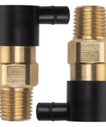 Two brass thermal release valve fittings for 1/4 inch NPT pressure washer pumps with black plastic elbows.