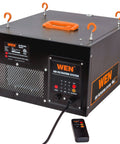 Remote Controlled Air Filtration System With Three Speed Settings And RF Remote Delivers Up To 400 CFM Includes 1 Micron Filter And 5 Micron Pre Filter Black For Large Rooms Up To 400 Sq Ft showing unit and remote control