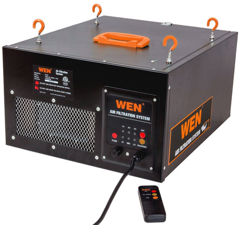 Remote Controlled Air Filtration System With Three Speed Settings And RF Remote Delivers Up To 400 CFM Includes 1 Micron Filter And 5 Micron Pre Filter Black For Large Rooms Up To 400 Sq Ft showing unit and remote control