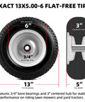 Two Pack 13x5.00-6 Flat Free Tire And Wheel Assembly For Front Mower Wheel With A Three Inch Centered Hub And Three Quarter Inch Bearing Compatible With Riding Mowers And Garden Tractors Replacement Front Wheel showing 13x5.00-6 tire, 6in rim, 3/4in bore
