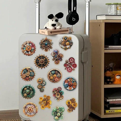 Dope Steampunk Gear Sticker Set 50pc For Journaling And Scrapbooking on suitcase, vintage clockwork designs, waterproof transparent backing