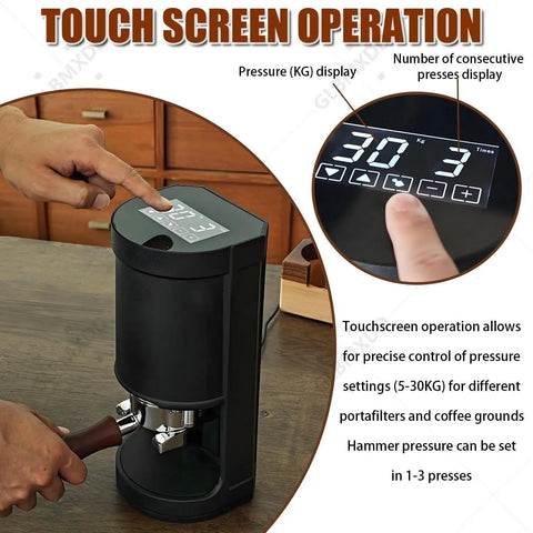 Kick Your Morning Routine Up A Notch With This Killer Electric Coffee Tamper Featuring Fully Automatic Touch Control and Smooth Adjustable 5 To 30 Kilogram Pressure Plus Universal 58 Millimeter Base Perfect For Pulling Clean Shots Daily showing touchscreen operation with pressure display.