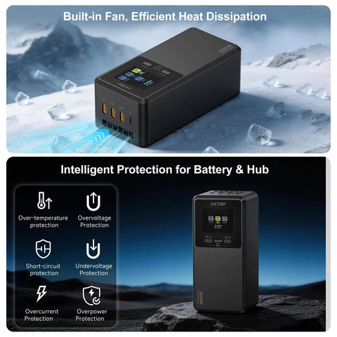 DJI Matrice 4T 4E Parallel Charging Hub, shown with LCD display, USB ports, and protection features listed, in outdoor setting.