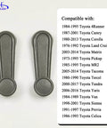 Two textured gray interior window crank handles for Toyota vehicles, list of compatible models from 1973 to 2017 shown on side