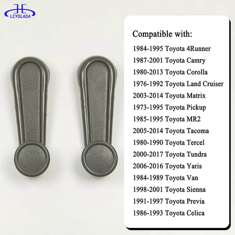 Two textured gray interior window crank handles for Toyota vehicles, list of compatible models from 1973 to 2017 shown on side