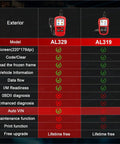 Comparison chart of AL329 and AL319 OBDII Code Reader features, highlighting I/M Readiness and diagnostic capabilities with images.