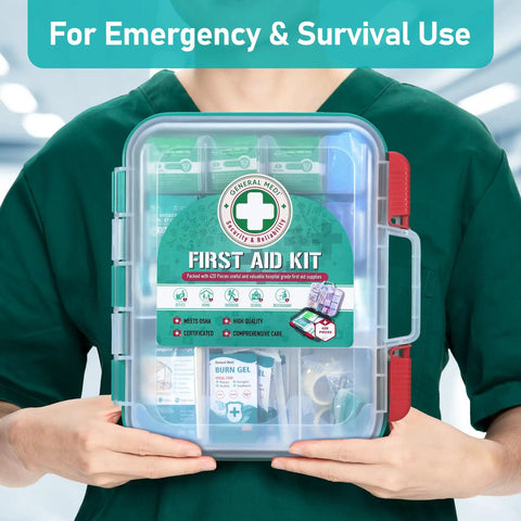 Person holding 420 Piece Pro First Aid Kit In A Sturdy Hard Case With Premium Medical Supplies For Travel Home Office Vehicle Camping