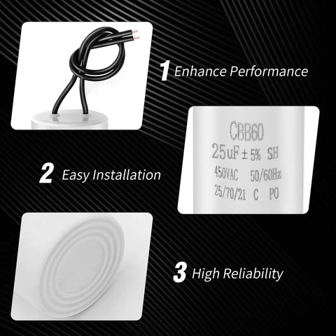 CBB60 Go-To Run Capacitor 25uF 450V AC for air compressor and water pump motor, polypropylene film, durable with wires.