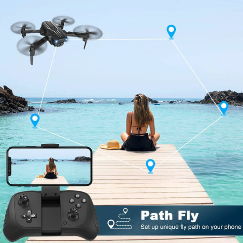 Mini Drone With Camera For Adults And Kids 1080P HD FPV flying over woman on dock, showing POV on phone screen with controller