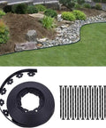 Durable 100Ft Landscape Edging Kit With 60 Spikes For Lawn And Garden Flexible Black 1.5 Inch Tall Border Shown in Use and Packaging