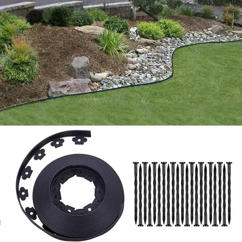 Durable 100Ft Landscape Edging Kit With 60 Spikes For Lawn And Garden Flexible Black 1.5 Inch Tall Border Shown in Use and Packaging