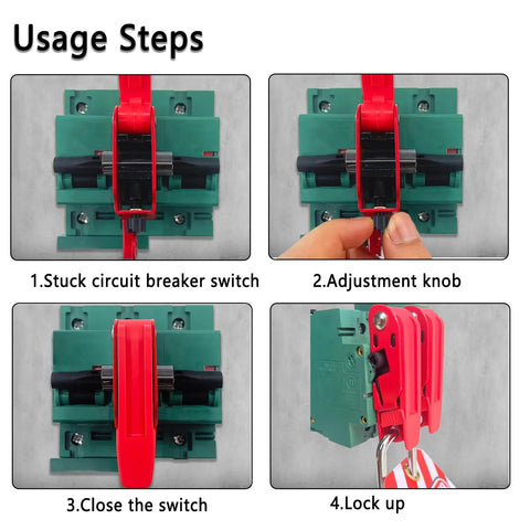 Red Circuit Breaker Lockout Kit for 110-240V Standard Single and Double Toggles installed on electrical box in usage steps