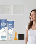 Wall Repair Paste Crack Filler Kit With Fast Dry Putty For Drywall Concrete Tile And Ceiling Seamless Texture Patch No Mess Easy Fix For Cracks And Holes Home Improvement Must Have For DIY Repairs tube and packaging with woman.