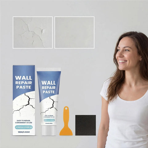 Wall Repair Paste Crack Filler Kit With Fast Dry Putty For Drywall Concrete Tile And Ceiling Seamless Texture Patch No Mess Easy Fix For Cracks And Holes Home Improvement Must Have For DIY Repairs tube and packaging with woman.