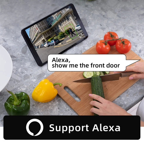 Person using tablet with Alexa to view footage from 2K Wireless Outdoor Security Camera With Spotlight And 15000mAh Battery