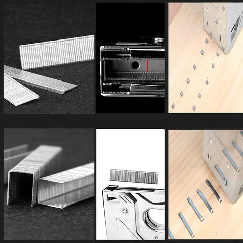 Beefy Workhorse 2 In 1 Manual Stapler And Nail Gun Kit with staples and nails demonstrating usage on wood for carpentry projects.