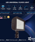 Heavy Duty LED Flood Lights Outdoor Four Pack No Fuss 3CCT Dimmable Security Lighting With Integrated Dusk To Dawn Sensor And Rock Solid IP65 Waterproof Build For Yards And Barns, showing dark bronze fixture, waterproof design.